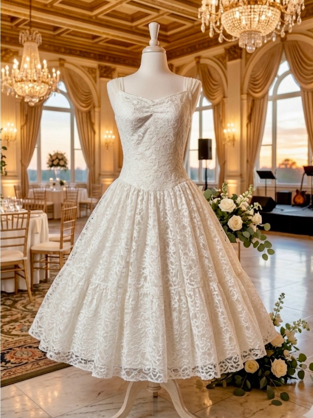 Vintage late 50s white lace, tea-Length Dress - Elegant Bridal Style